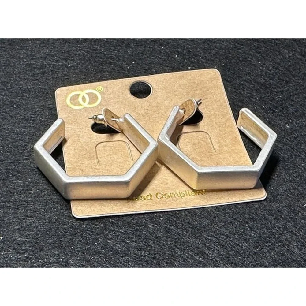 Silver Tone Hexagon Shaped Hoop Earrings Geometric Modern Style New with Tags